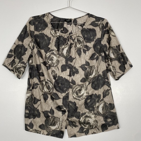 Talbots Tops - Talbots Shirt Womens 12 Gray Rose Floral Short Sleeve 100% Cotton Top Blouse